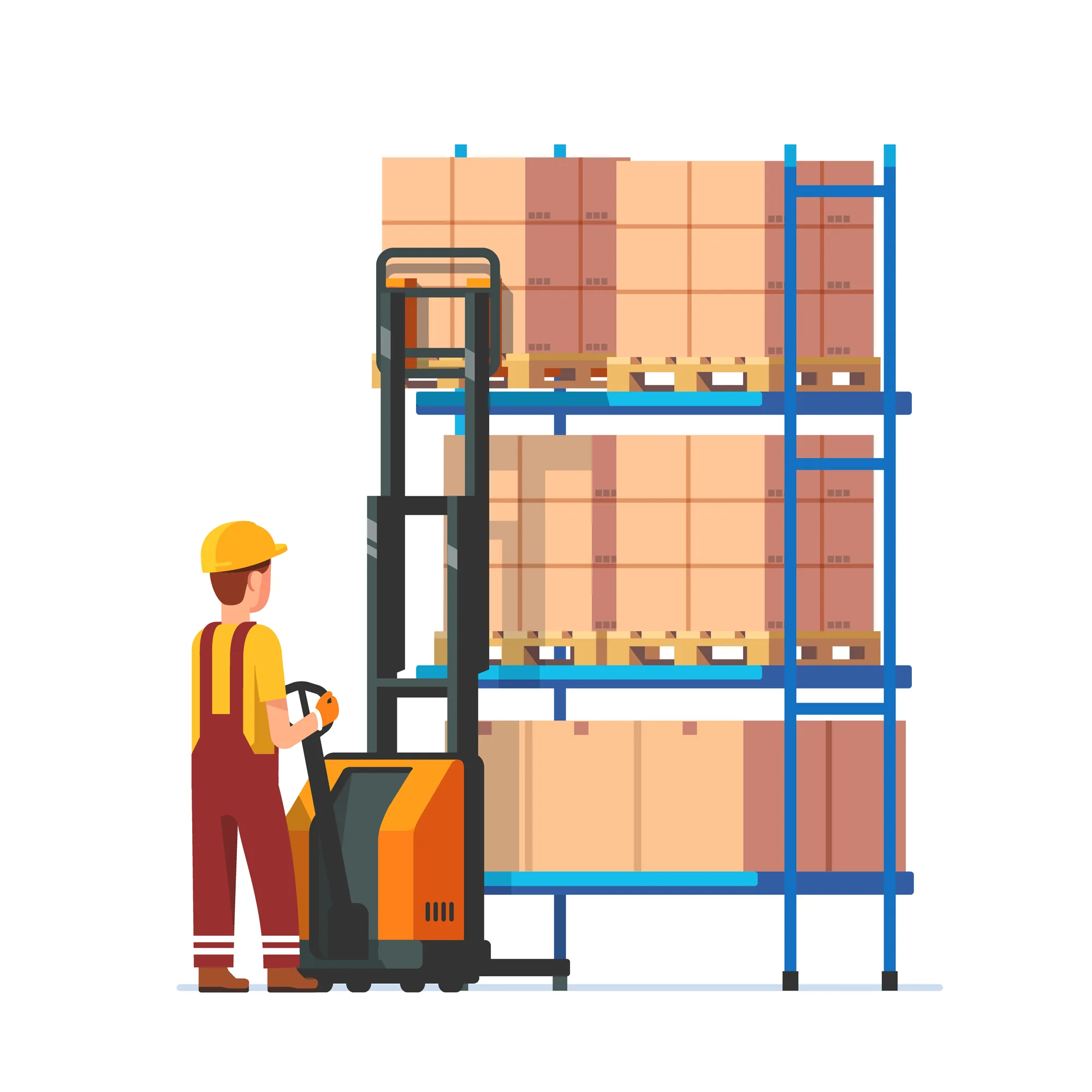 Warehouse worker operating electric fork lifter, loading stacked boxes on a metal rack. Modern flat style vector illustration isolated on white background.